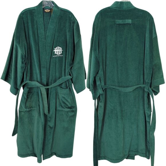 Vintage Harley-Davidson Green Terry cloth Bathrobe OSFM two belted with Pockets - Picture 1 of 16